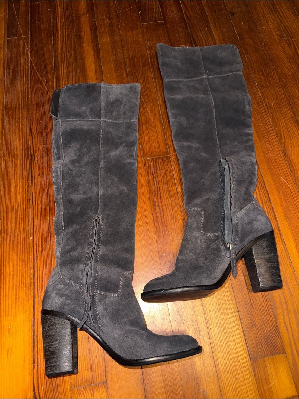 Women's Gray Suede Knee-High Block Heel Boots